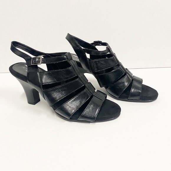 Aerosoles Heelrest Black Strappy Leather Open Toe Heels - Picture 3 of 7